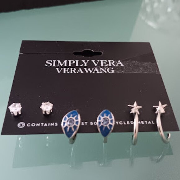 VERA WANG 3pc Celestial Silver Crystal Studs Blue Starburst + Star Hoop Earrings - Picture 4 of 5